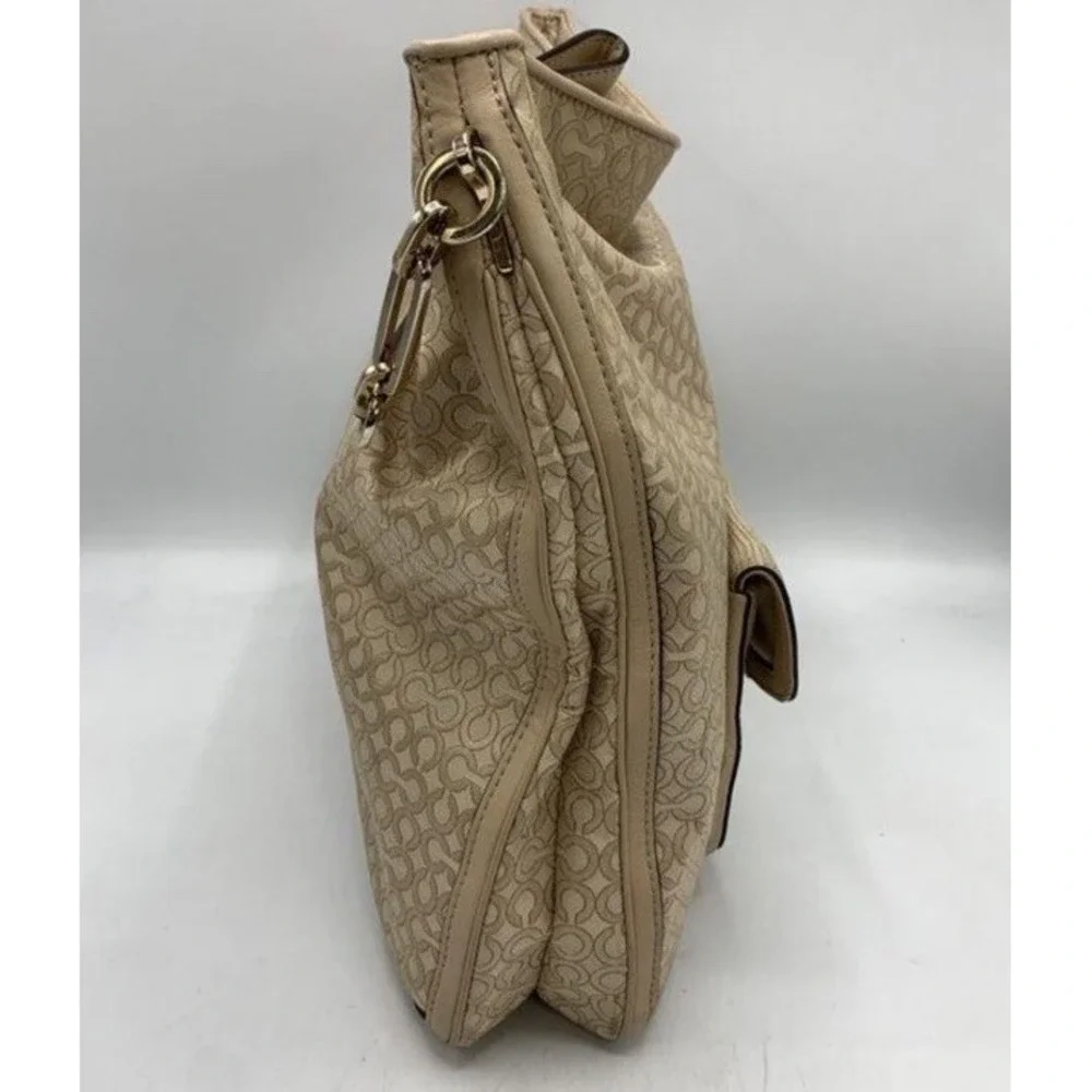 Coach Madison Signature OP Art 2 Way Beige Canvas Turnlock Zipper Shoulder Bag